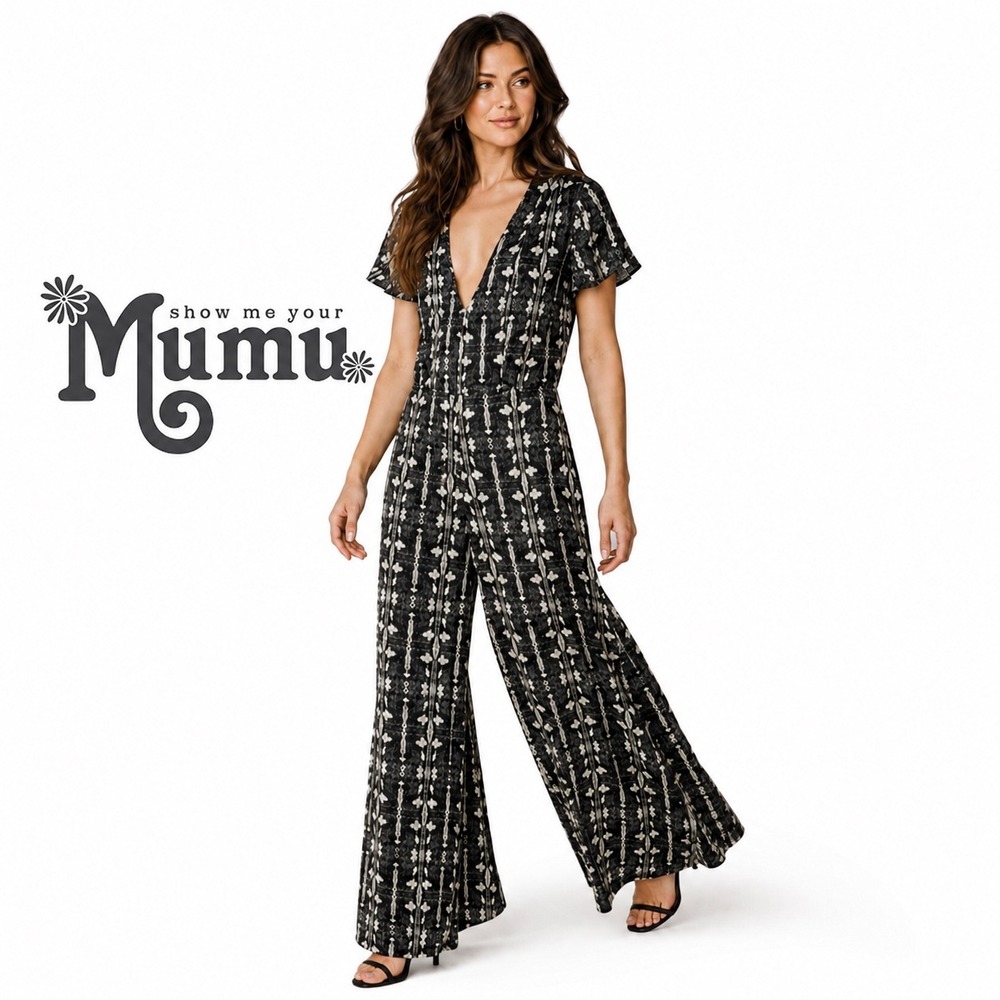 Show‎ Me Your Mumu Green Snake Print Wide Leg Jumpsuit V-Neck Pockets XS